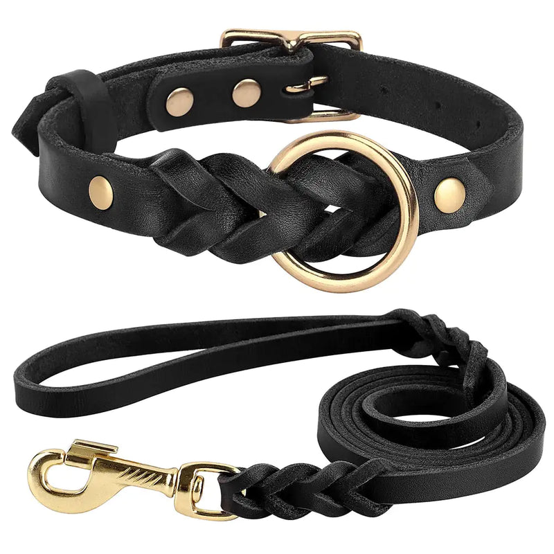 Dog Collar and Leash Set - Genuine Leather