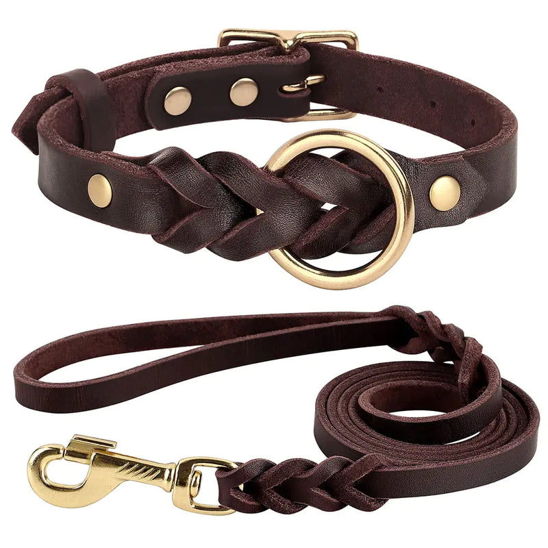 Ensemble collier et laisse pour chien - Cuir véritable