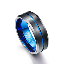 Bague fine en tungstène noir avec ligne bleue