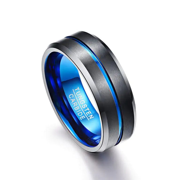 Bague fine en tungstène noir avec ligne bleue