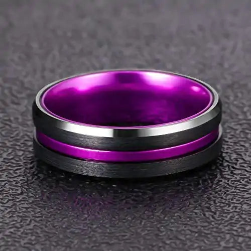 Bague en tungstène noir et rayures violettes