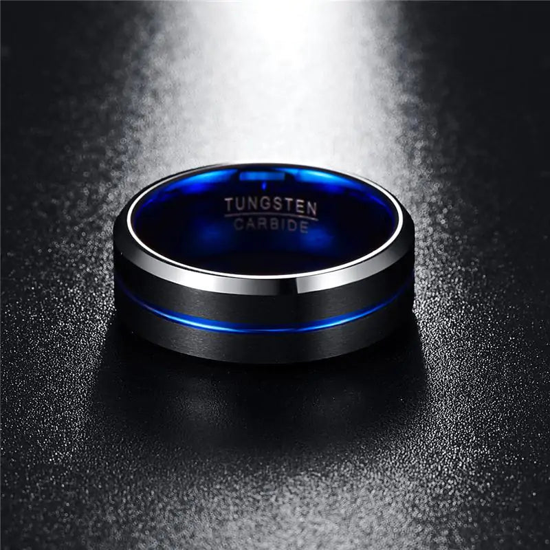 Bague fine en tungstène noir avec ligne bleue