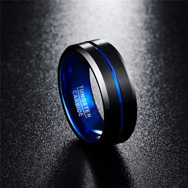 Anillo de tungsteno negro de línea azul delgada