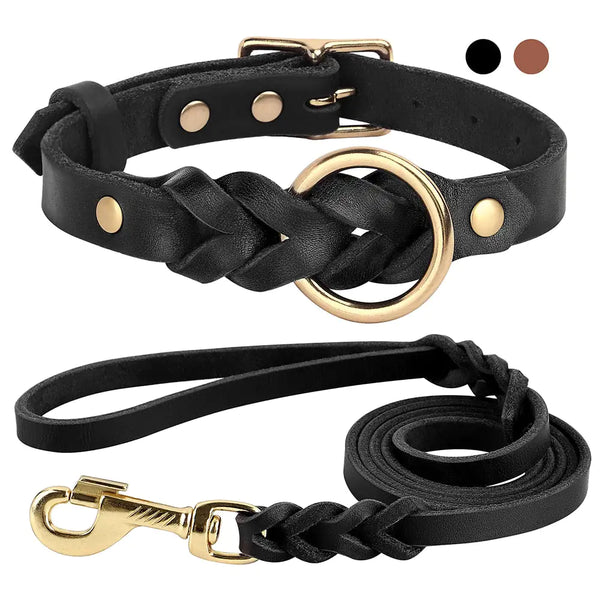 Ensemble collier et laisse pour chien - Cuir véritable