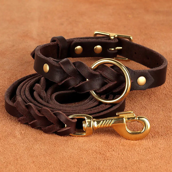 Dog Collar and Leash Set - Genuine Leather