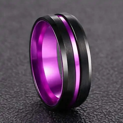 Anillo de tungsteno negro y rayas moradas